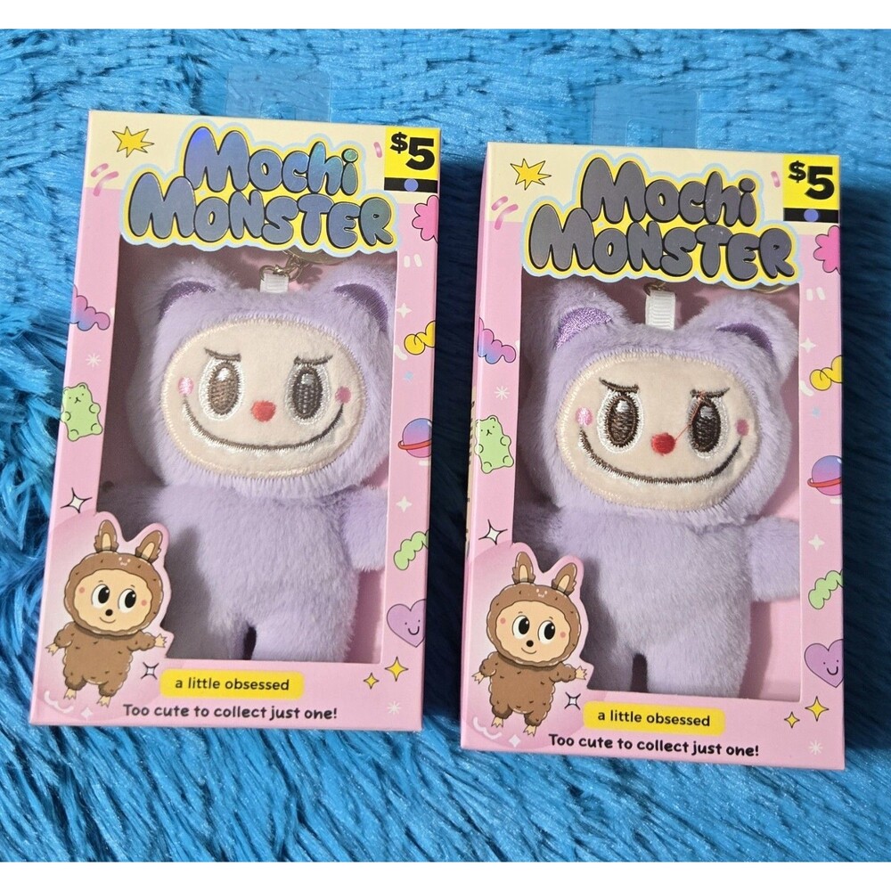 Mochi Monster Set of 2 Purple Plush Charm 5" Keychains With Gold Hardware 💜